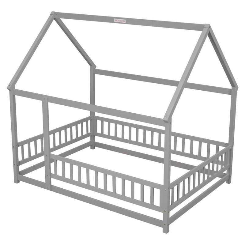 Floor Wooden Bed With House Roof Frame, Fence Guardrails by HouseOfZazla