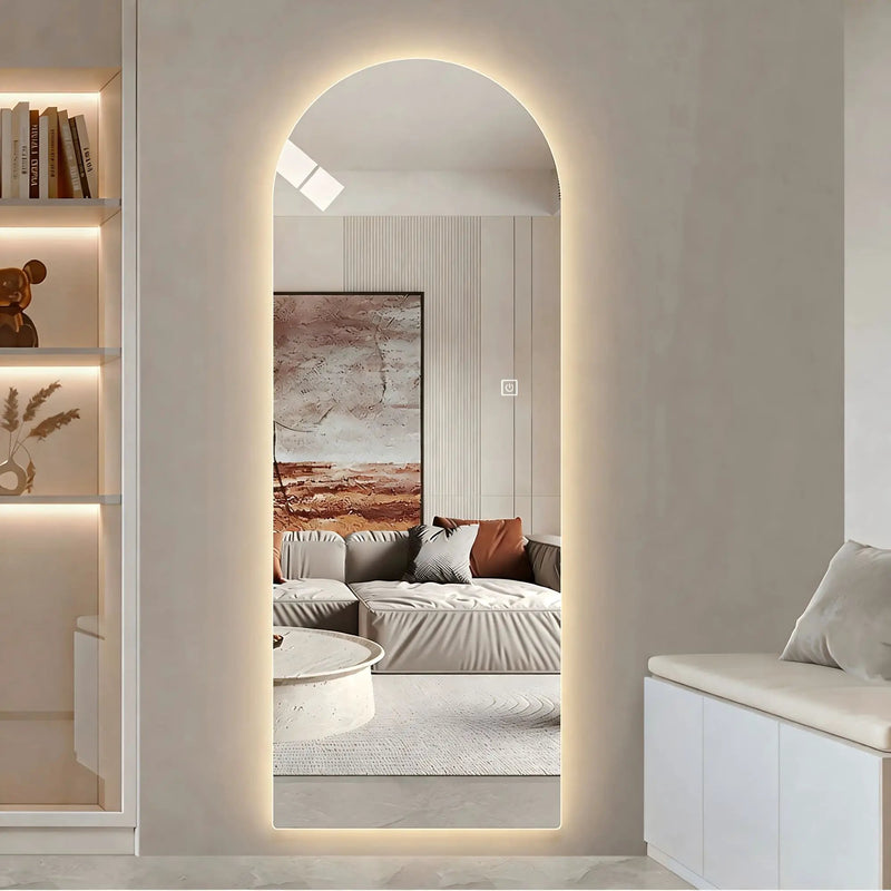 LED Full Length Wall Mirror With Symmetrical Arch Design, 3 Color Dimmable Lighting - Silver by HouseOfZazla