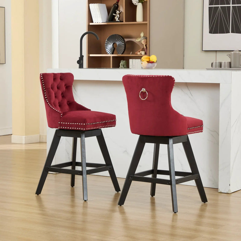 Swivel Velvet Barstools with Button Tufted Decoration - Set of 2 (Wine Red) by HouseOfZazla