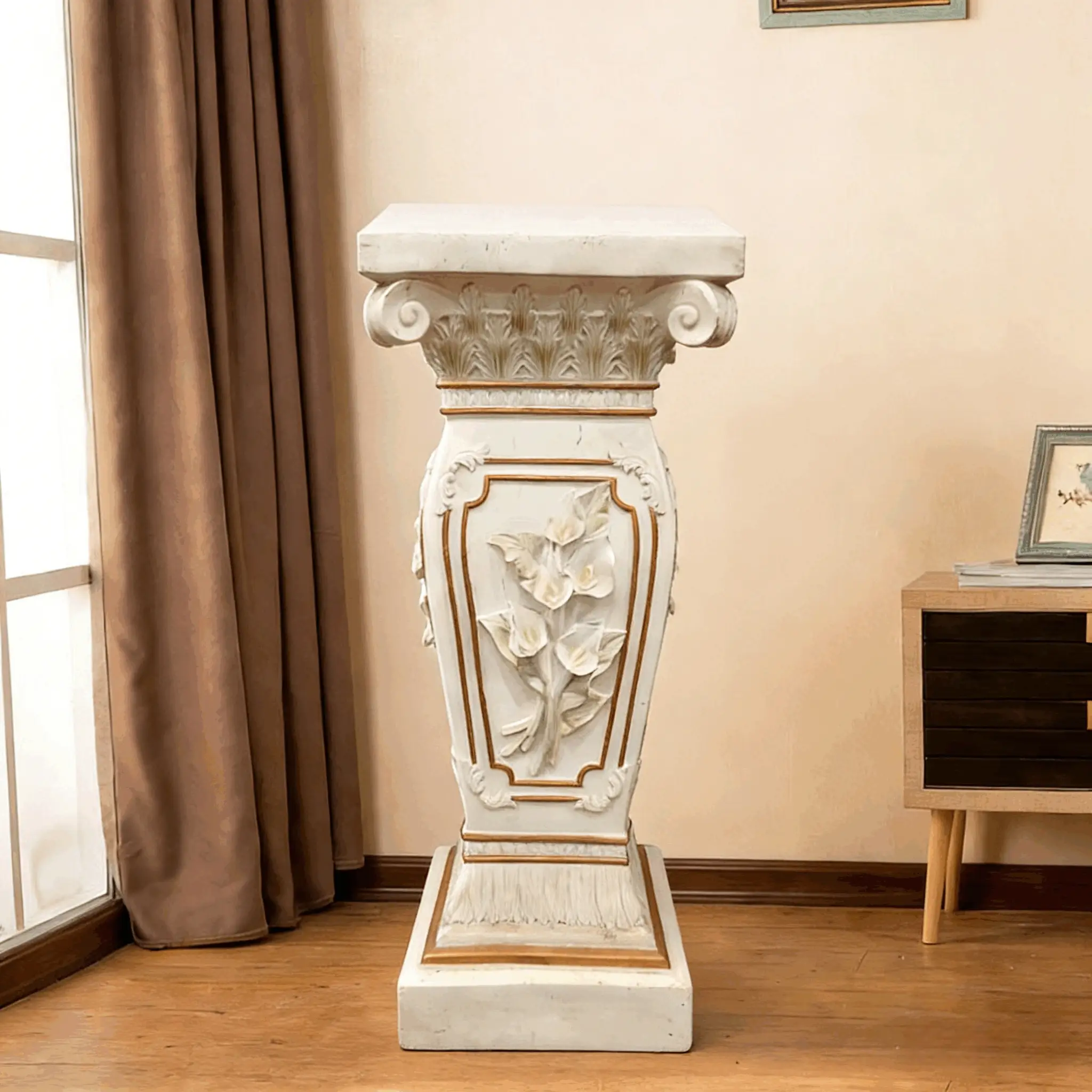 22.05" H x 9.06" W European Style Floral Carved Roman Column Pedestal by HouseOfZazla