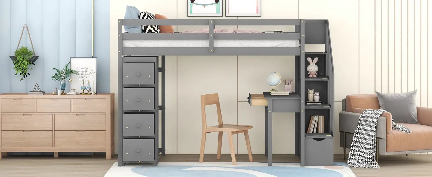 Loft Bed With Storage Drawers, Desk And Stairs With Shelves by HouseOfZazla