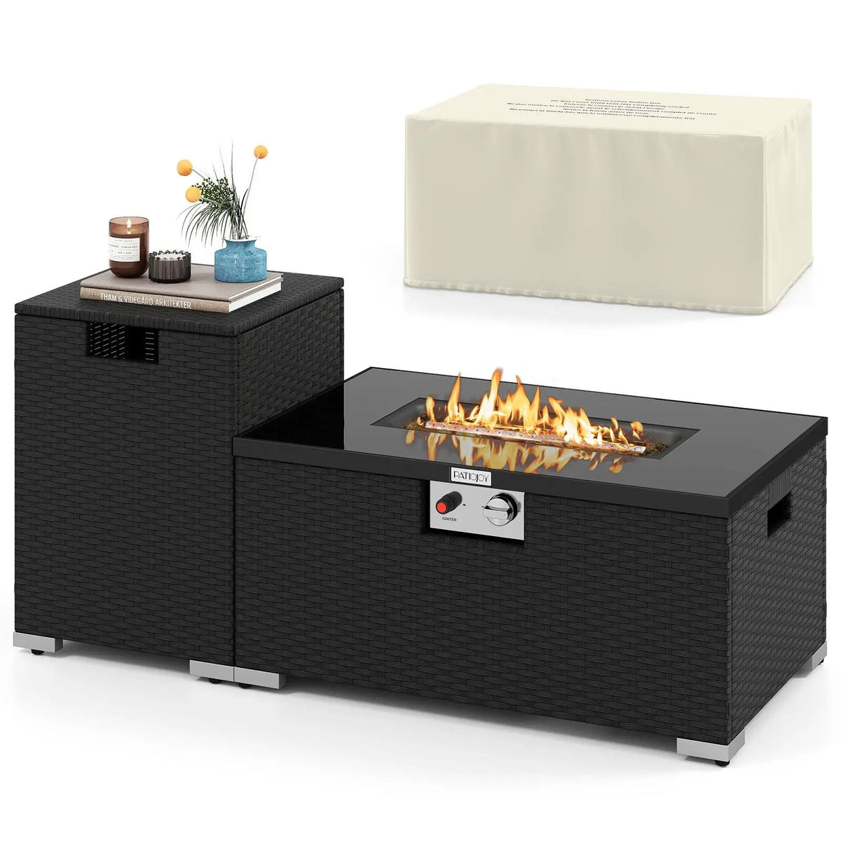 2-Piece Outdoor Rattan Fire Table Set 32 Inch Rectangle Gas Firepit with Tank Cover, photo 12 of 24