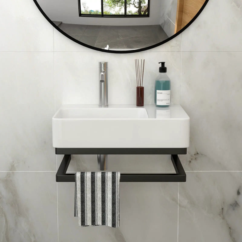 Wall Mounted Rectangular Bathroom Sink With Towel Bar And Faucet Hole - White