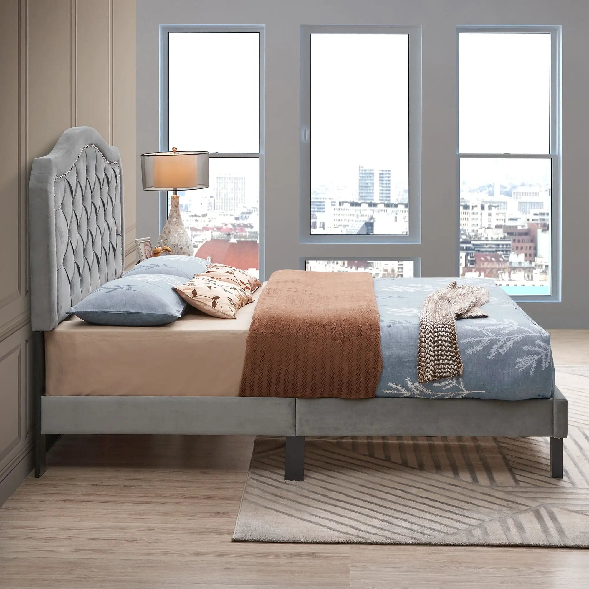 Queen Platform Upholstered Bed Button Tufted With Curve Design, Strong Wood Slat Support - Gray by HouseOfZazla