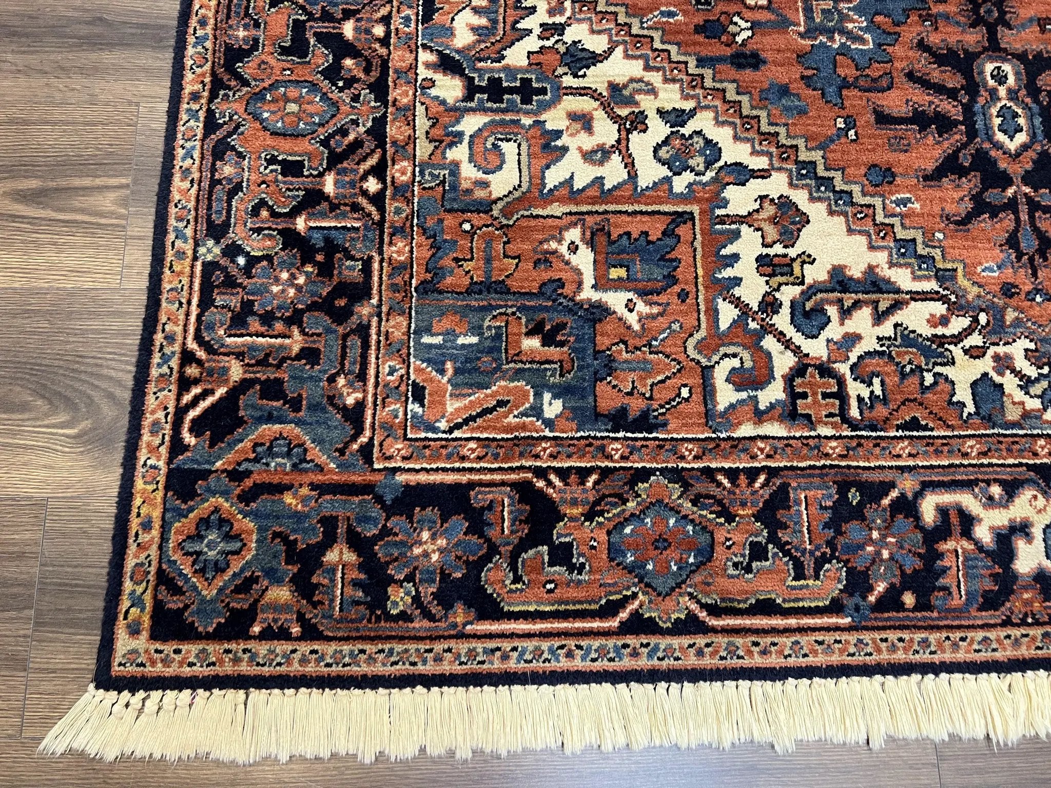 Heriz Rug 5.6 x 8, Geometric Medallion, Wool Oriental Carpet, Tribal Boho Rug, Red Navy Blue Cream, Belgium Power Loomed Rug, Medium Sized by Jewel Rugs