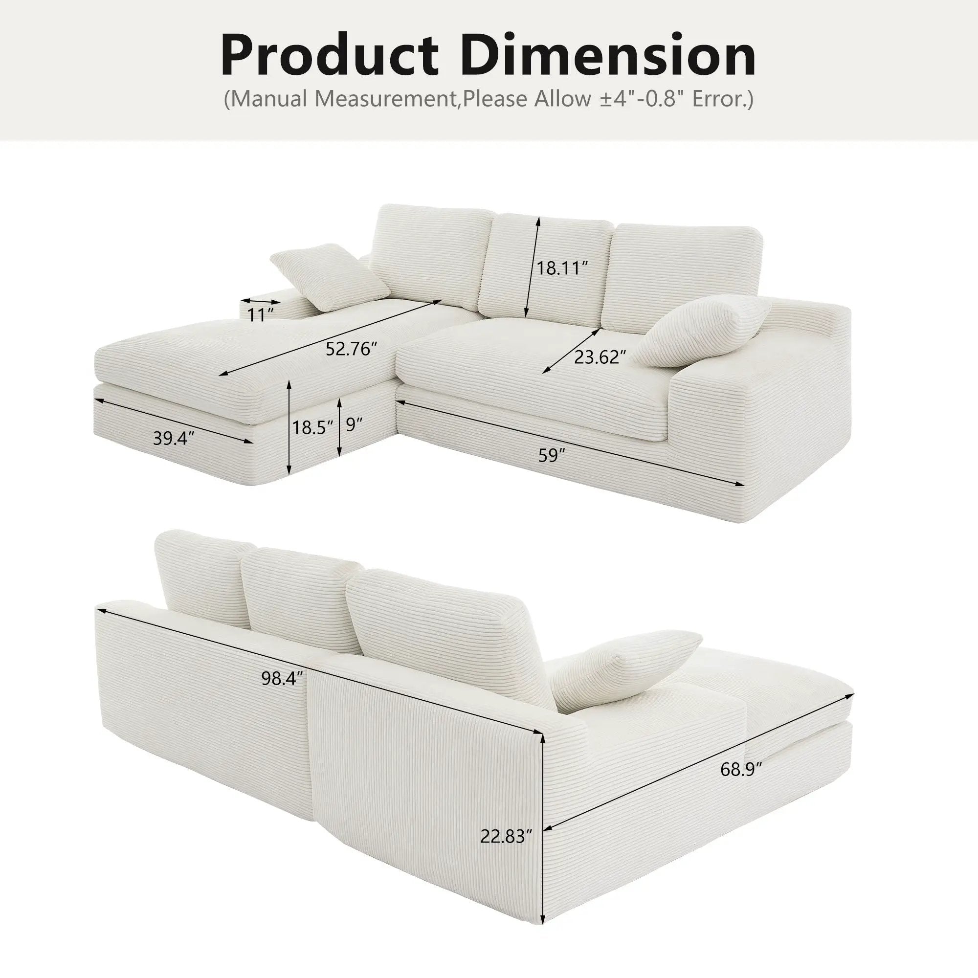 Compressed Sofa With 3 Back Cushions, 2 Throw Pillows