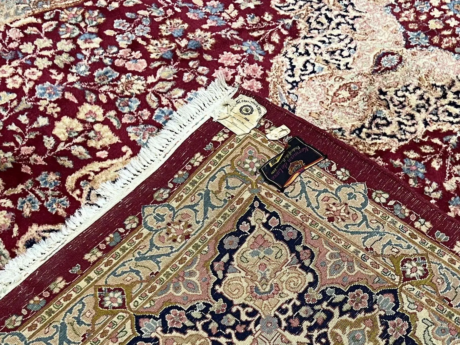Persian Rug 9x12, Kirman DeLuxe, Millefleur Floral Medallion Carpet, Maroon Light Blue Beige, Semi Antique Authentic Hand Knotted Wool Rug by Jewel Rugs