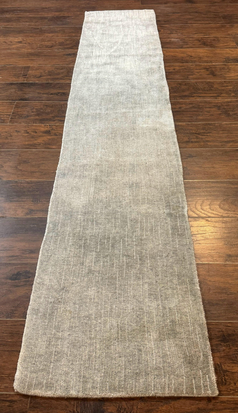 Modern Tibetan Runner Rug 1.9 x 8.6, Wool and Silk Highlights, Gray/Silver, Narrow Runner for Hallway or Kitchen by Jewel Rugs