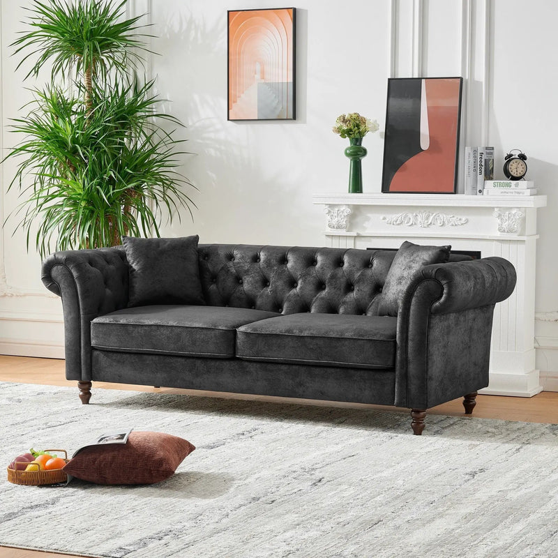 Chesterfield Sofa, High Tech Fabric Roll Armrest, 3 Seater Mid Century Modern Couch - Black by HouseOfZazla