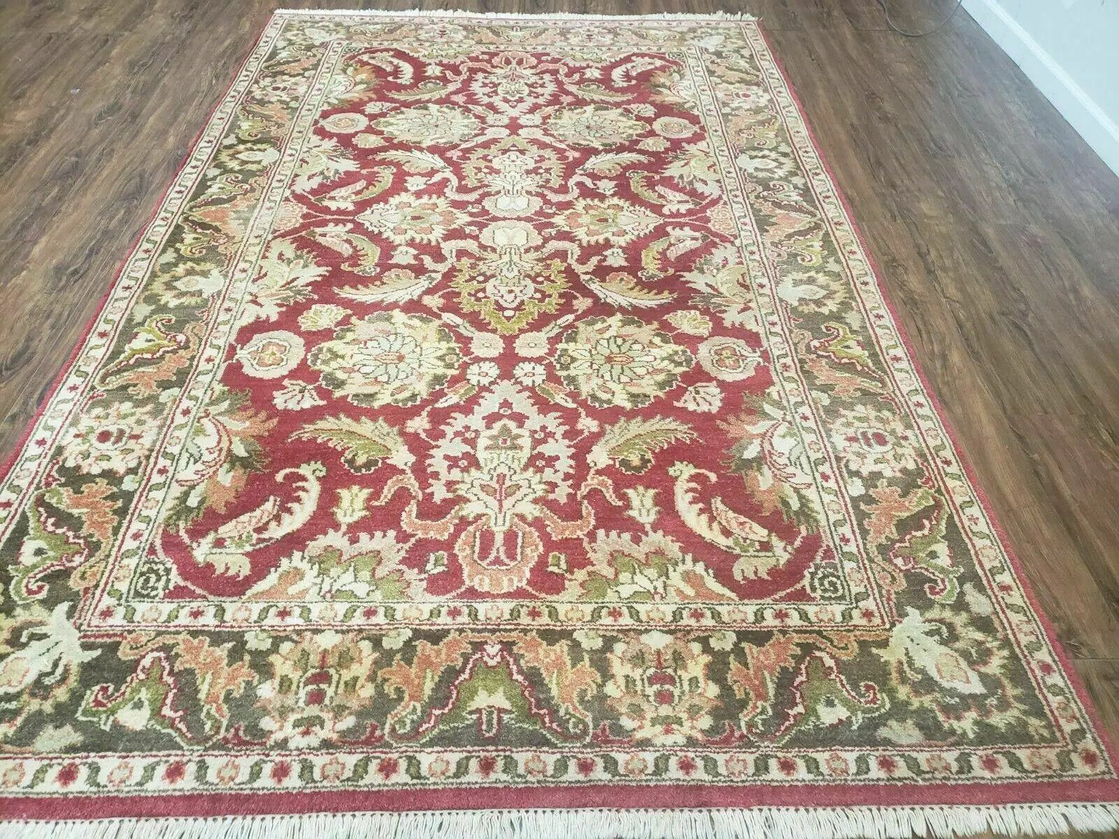 Indo Persian Rug 6x9, Hand Knotted Vintage Indian Sultanabad Agra Wool Rug, Handmade Oriental Carpet 6 x 9, Red Large Floral Design by Jewel Rugs
