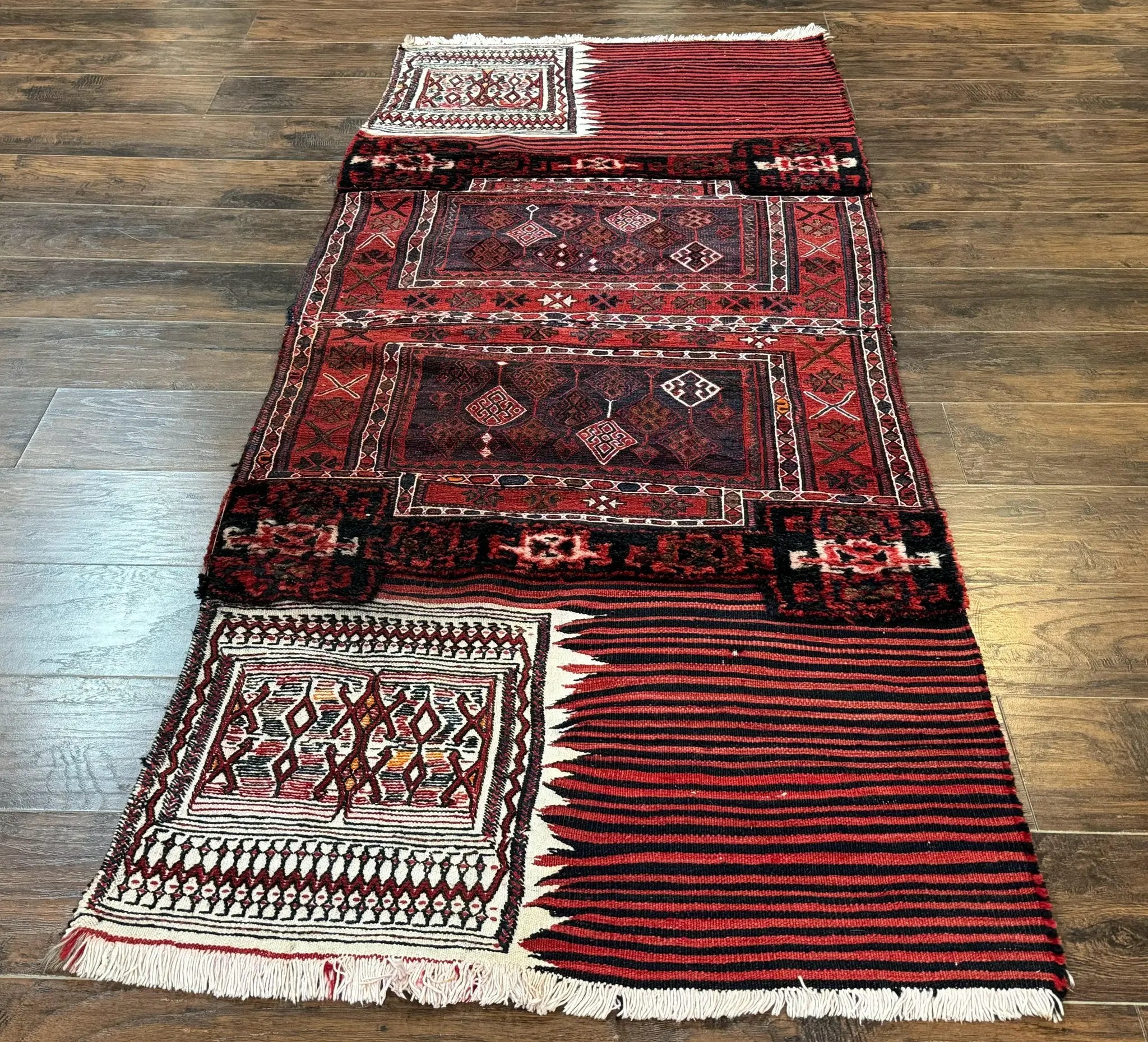 Persian Tribal Nomadic Saddle Cover Rug, Antique, Handmade, Wool, Red Ivory Black, Collectible, Shahsavan by Jewel Rugs