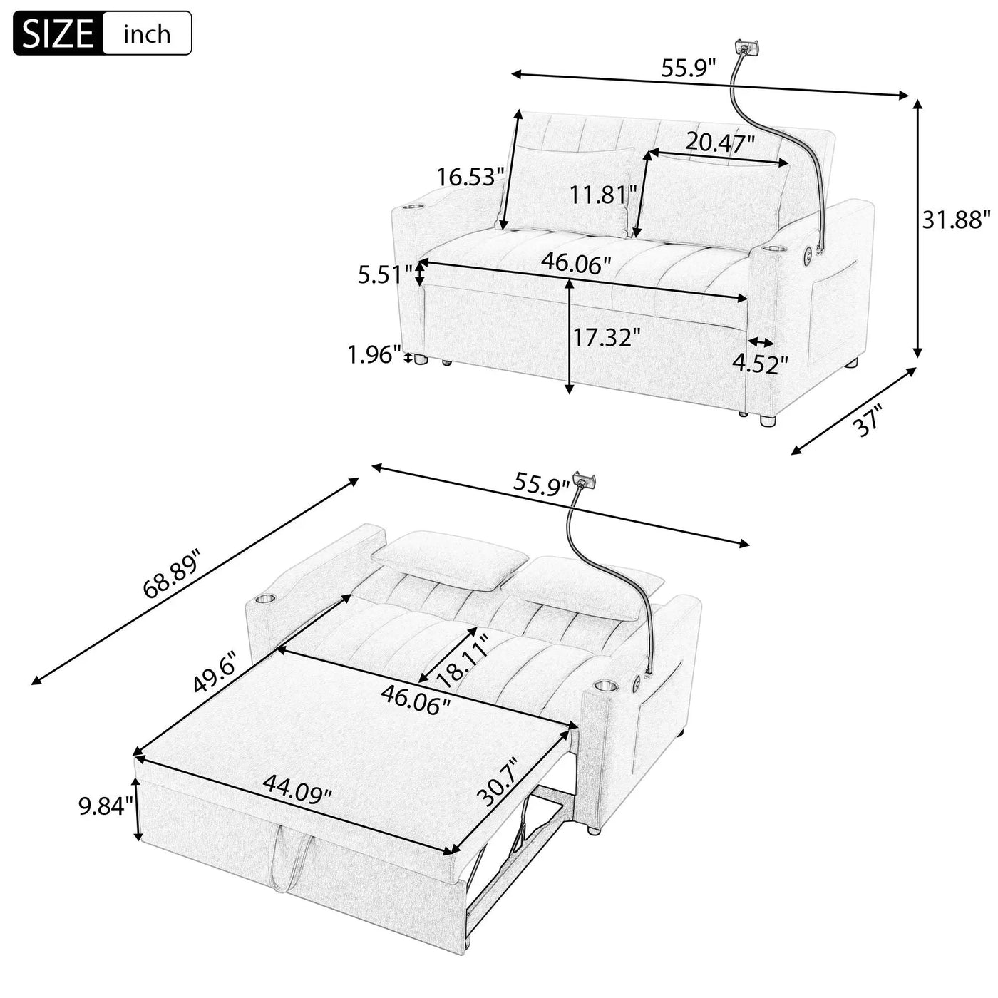 Convertible Sofa Bed Loveseat Sofa With Three USB Ports, Two Side Pockets, Two Cup Holders And 360° swivel Phone Holder For Living Room by HouseOfZazla