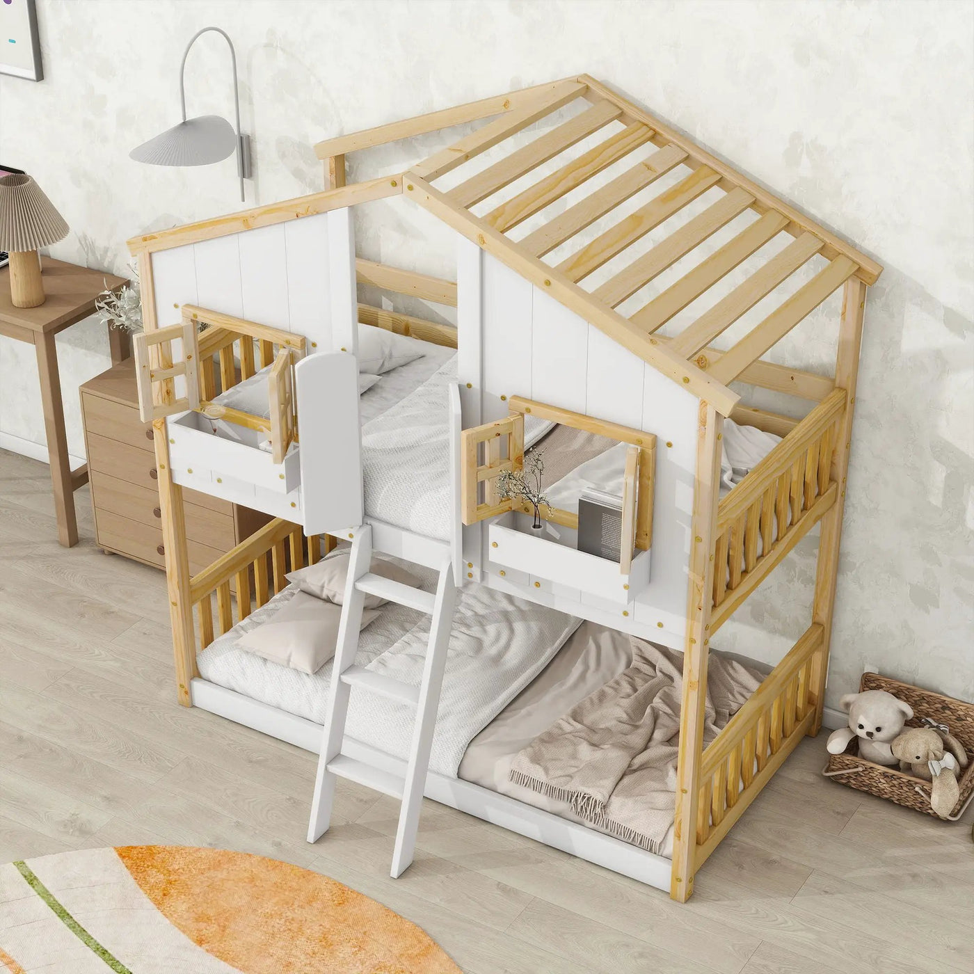 House Bunk Bed With Roof, Window, Window Box, Door, With Safety Guardrails And Ladder by HouseOfZazla