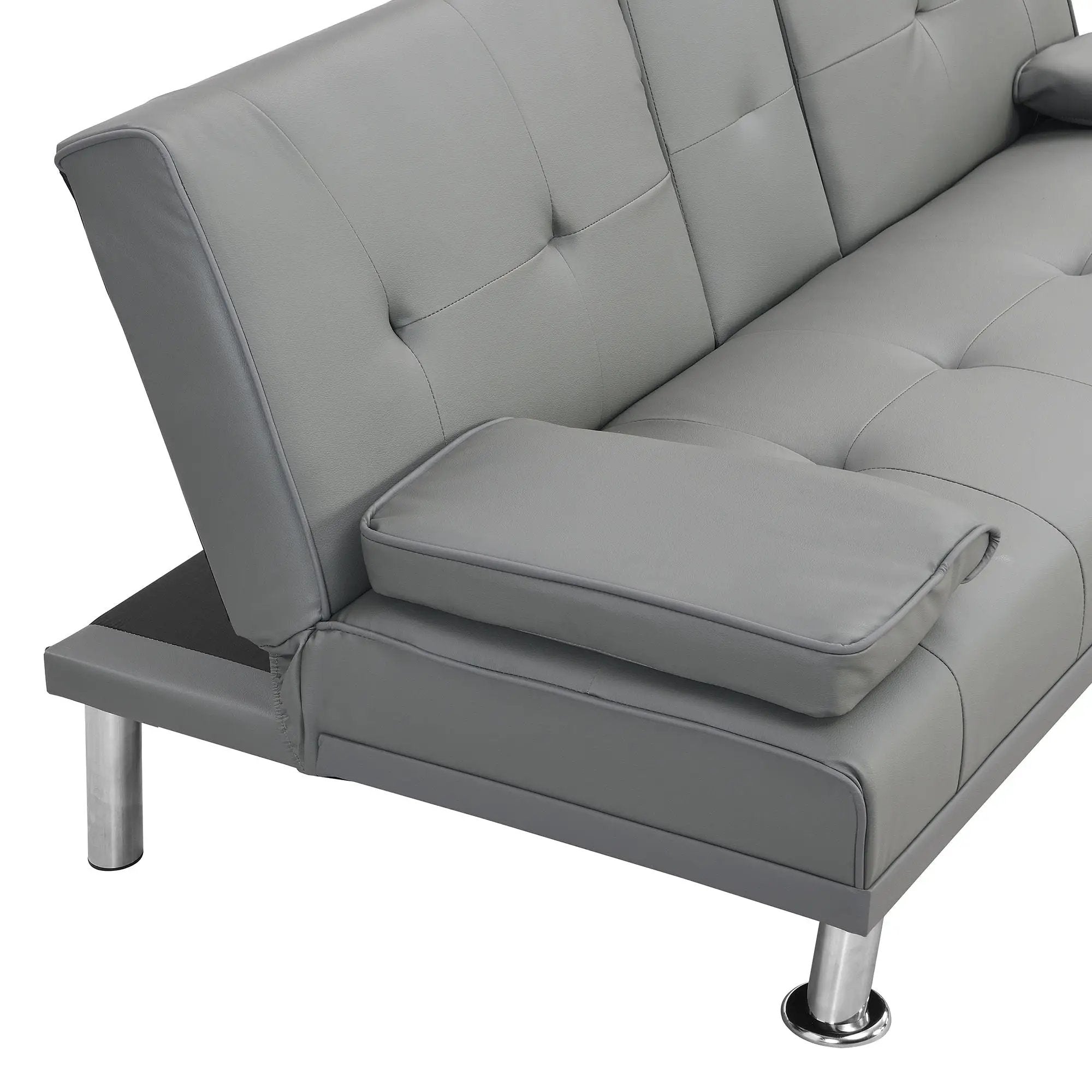 Sofa Bed With Armrest Two Holders Wood Frame, Stainless Leg Futon - Gray