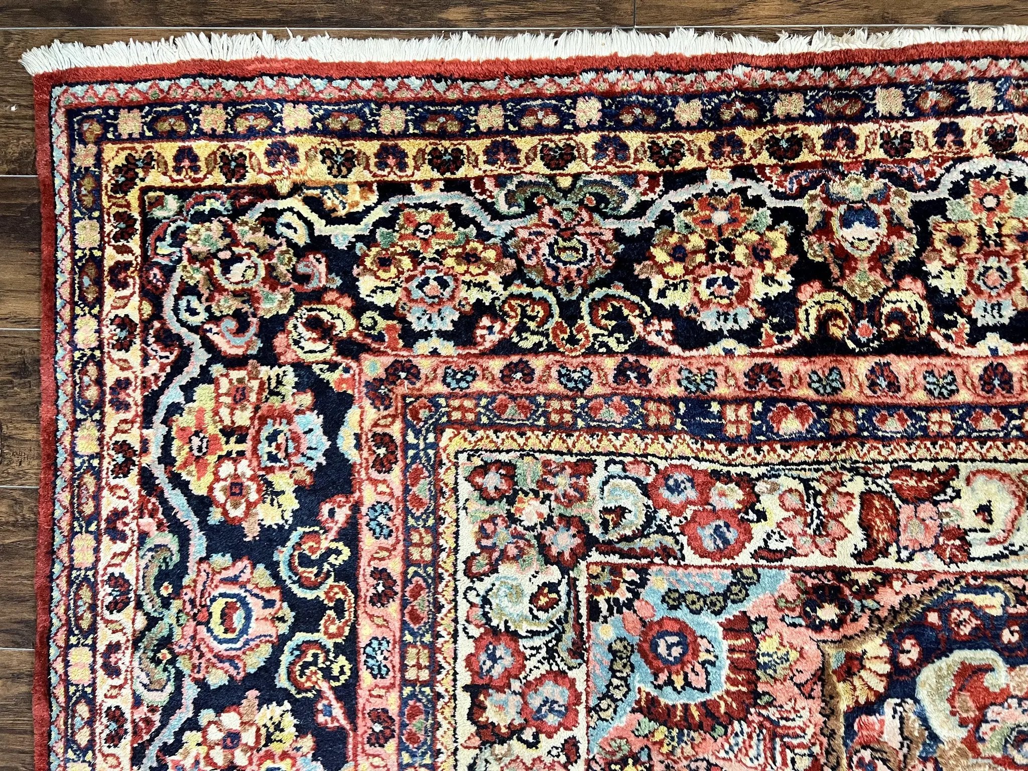 Persian Sarouk Rug 11x14, Semi Open Field, Large Antique Persian Wool Handmade Carpet, Red and Dark Blue, Floral by Jewel Rugs