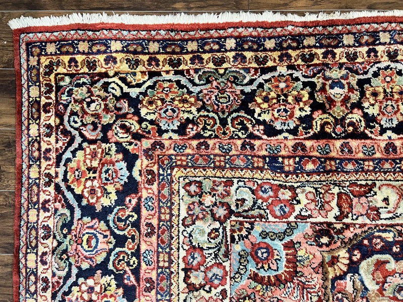 Persian Sarouk Rug 11x14, Semi Open Field, Large Antique Persian Wool Handmade Carpet, Red and Dark Blue, Floral by Jewel Rugs