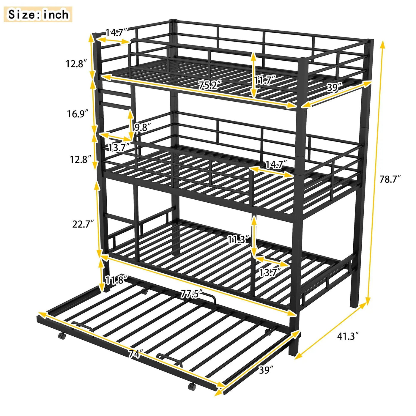 Triple Bunk Bed With Trundle, Heavy Duty Steel Construction by HouseOfZazla