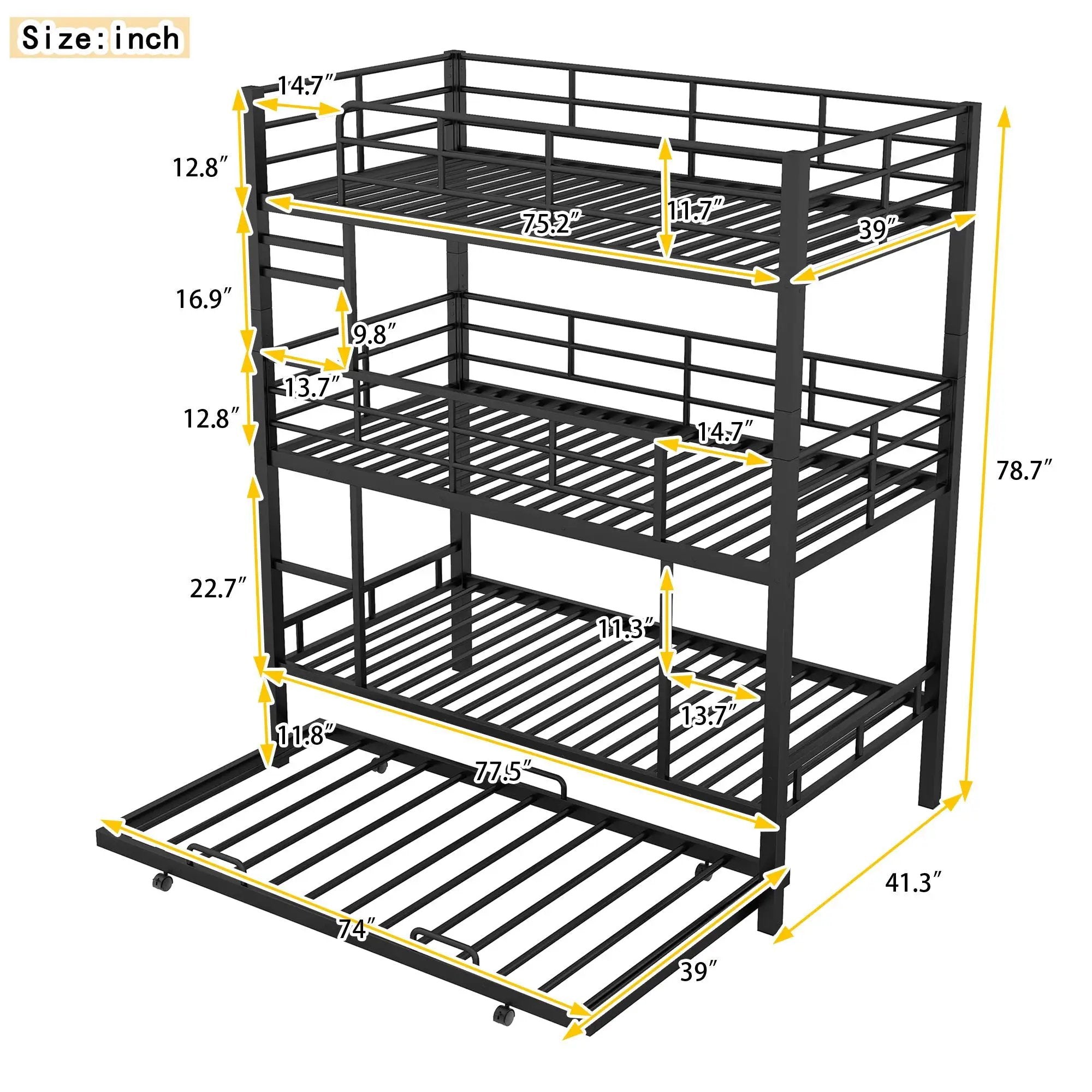 Triple Bunk Bed With Trundle, Heavy Duty Steel Construction by Unique Piece Furniture
