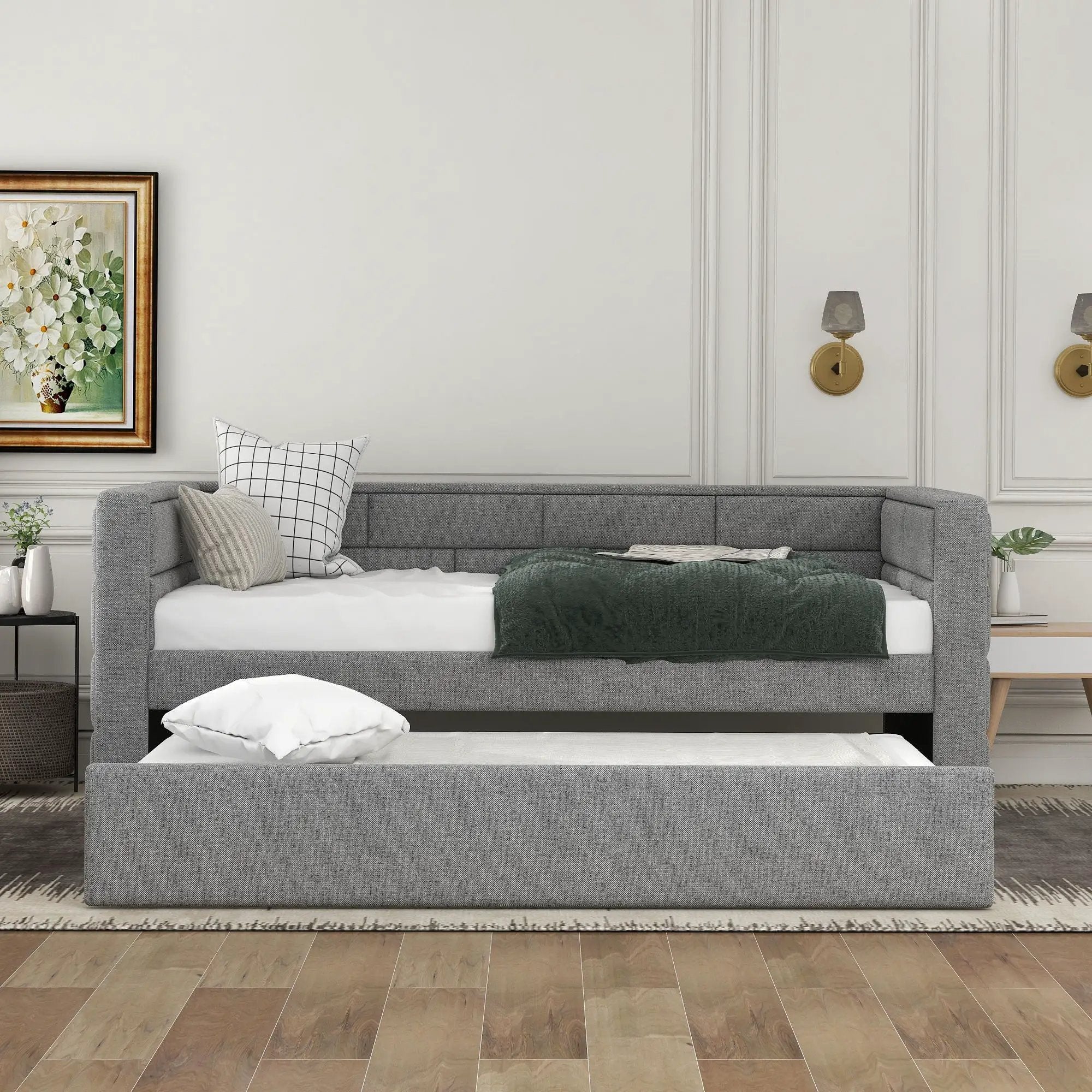 Upholstered Twin Size Daybed With Trundle, Padded Back And Sides - Gray by Unique Piece Furniture