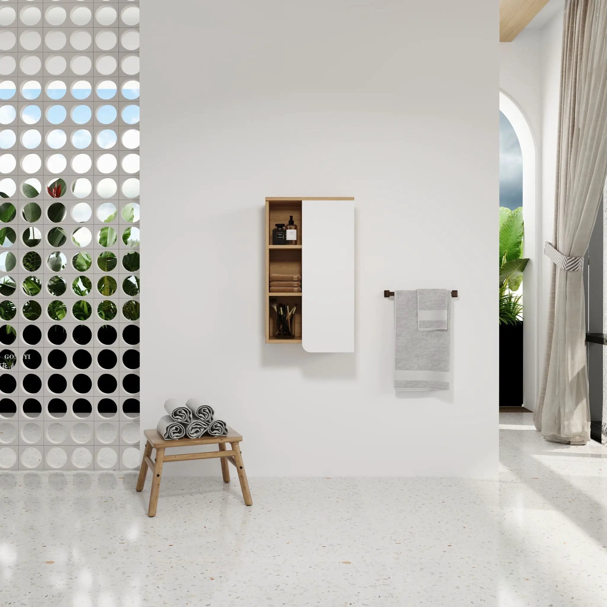 Wall Mounted Bathroom Side Cabinet, Single Door With 3 Tier Open Shelves - Black / Light Oak / White by Unique Piece Furniture