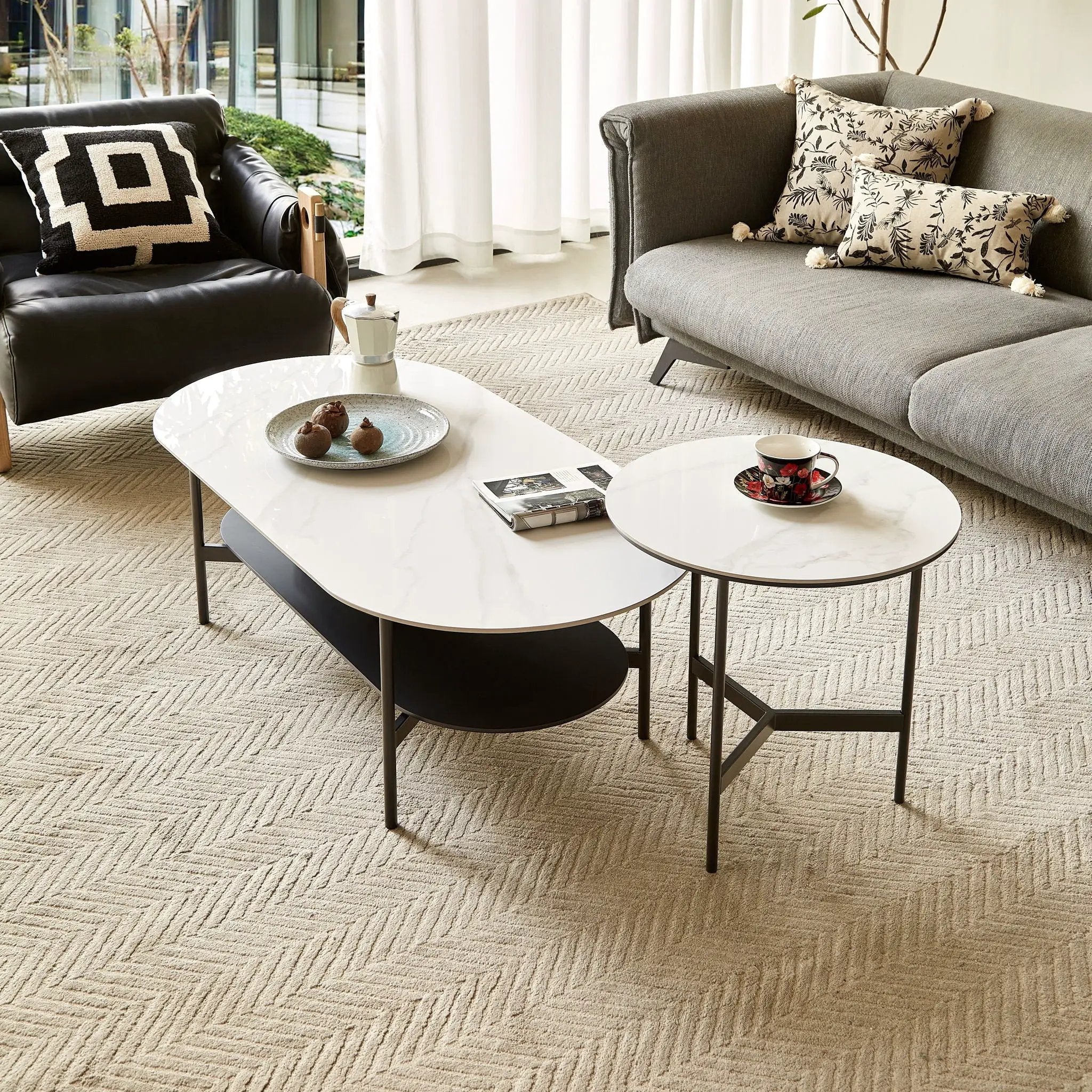 Contemporary Coffee Table Sintered Stone Surface With Ceramic Finish Double Layer Design Base Matte Shelf Modern Living Room Center Table - White / Gray by Unique Piece Furniture