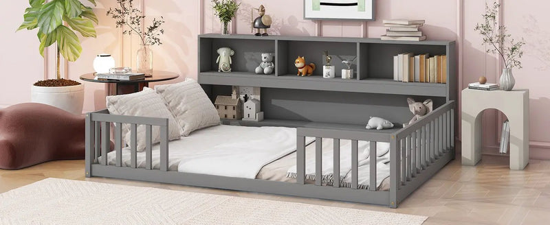 Floor Bed With Side Bookcase, Shelves, Guardrails by HouseOfZazla