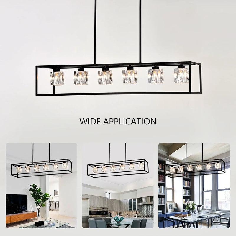 6 Light Farmhouse Chandelier, Modern Industrial Linear Rectangular Crystal Pendant Light Cage Chandelier For Dining Room, Kitchen Island, Bar, Long Table, G9*6 Bulbs Included - Matte Black by HouseOfZazla