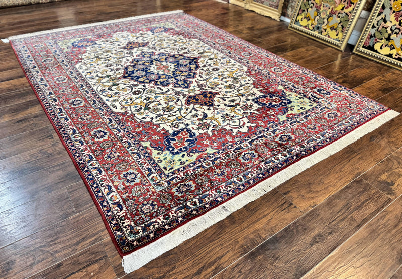 Wonderful Persian Isfahan Rug 7x9, Ivory Navy Blue Red, Floral Medallion, Very Finely Hand Knotted 260 KPSI, Handmade Wool Vintage Rug by Jewel Rugs