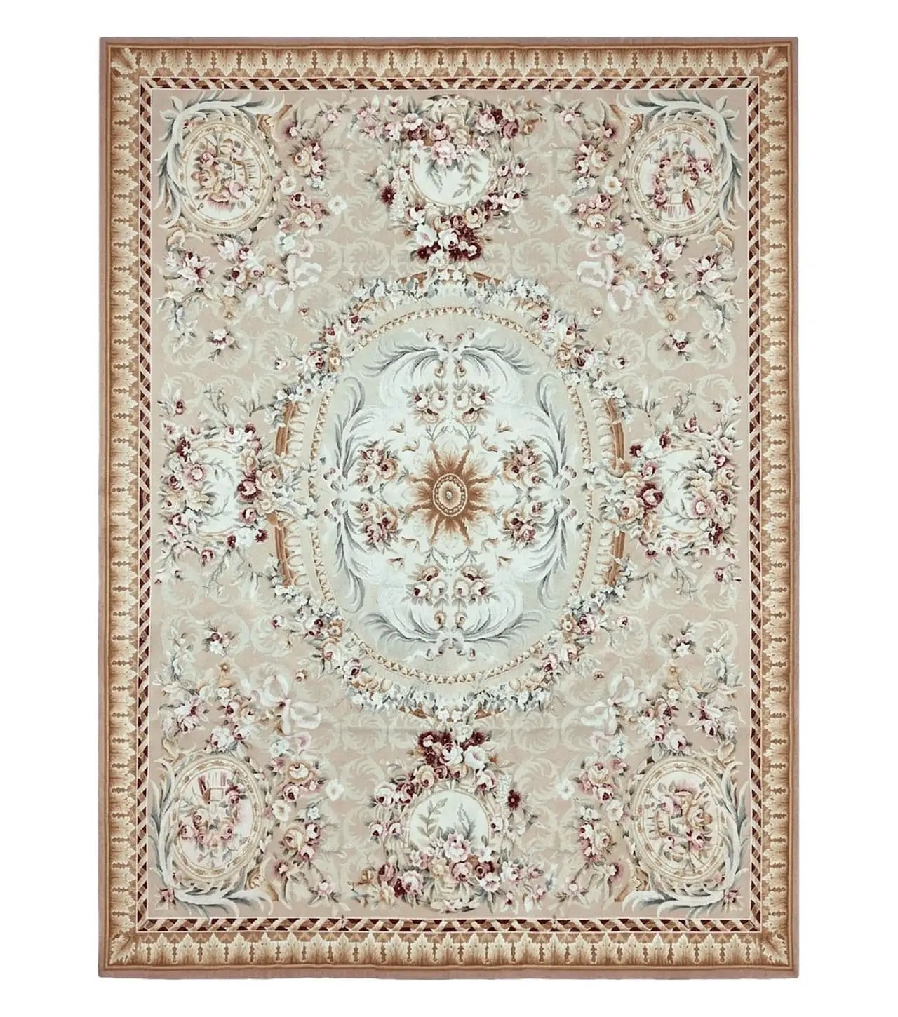 Aubusson Rug 9x12, Elegant Savonnerie Carpet 9 x 12 ft, Beige Ivory Tan, Floral, Flatweave Wool Handmade Area Rug 9 x 12 ft, European French by Jewel Rugs