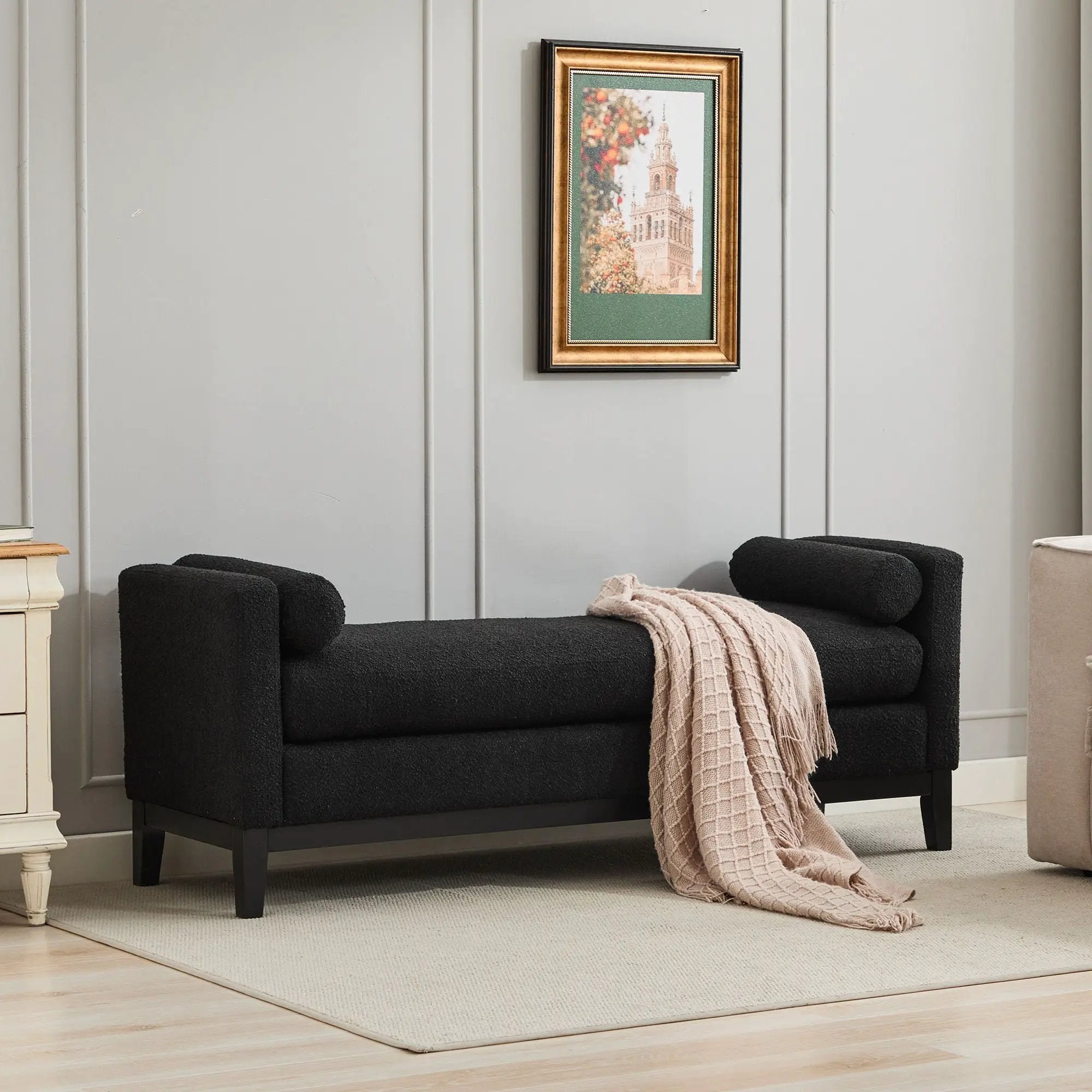 Elegant Upholstered Bench, Daybed, Ottoman With Wood Legs & 2 Bolster Pillows - Black Boucle by HouseOfZazla