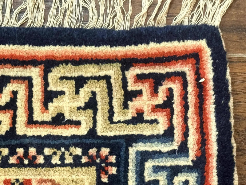 Small Antique Chinese Rug 2x2, Red Blue Square Rug Mat, Handmade, Tibetan Rug by Jewel Rugs