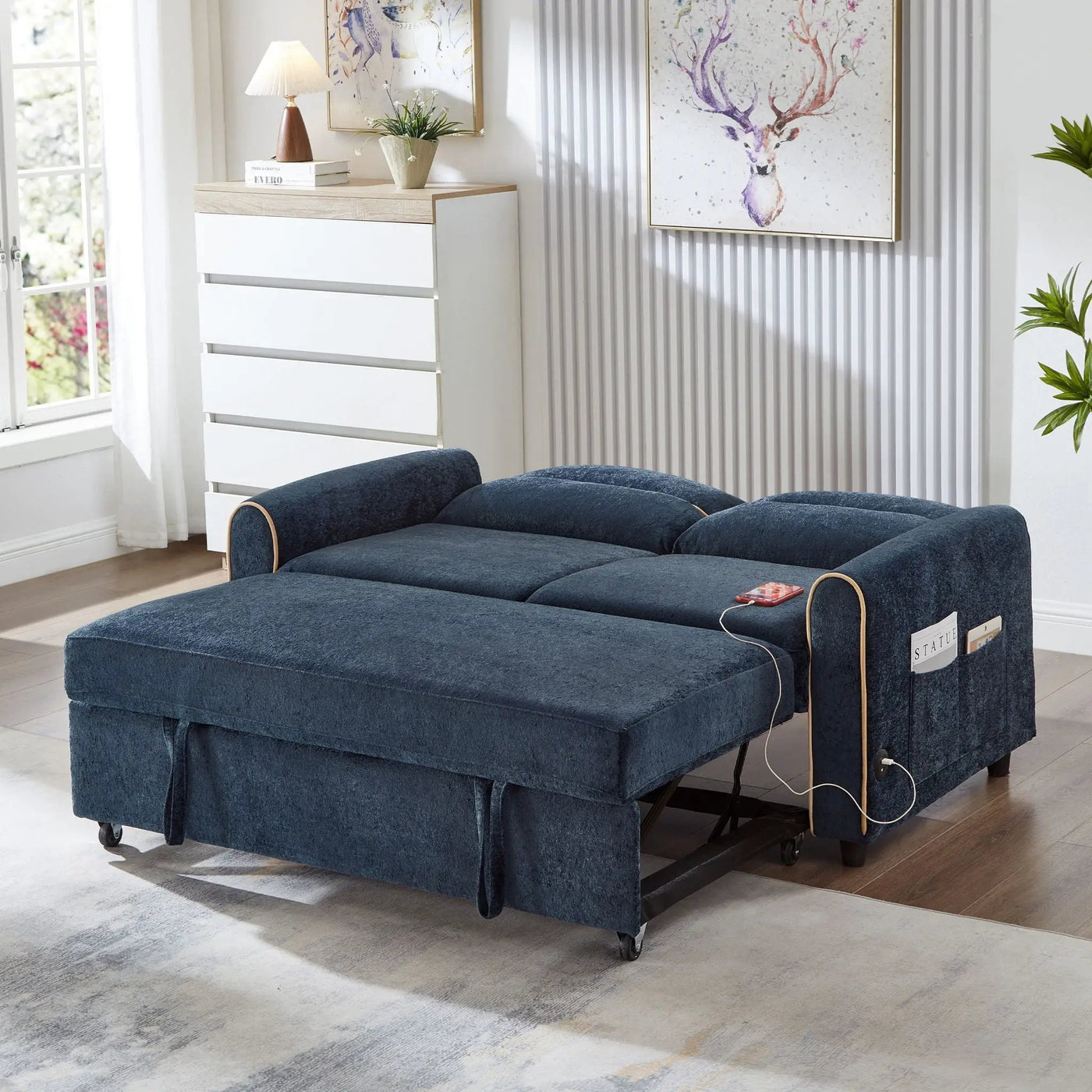 Pull Out Sofa Bed With Adjustable 3 Position Backrest, USB Charging Ports, Side Pockets by Unique Piece Furniture