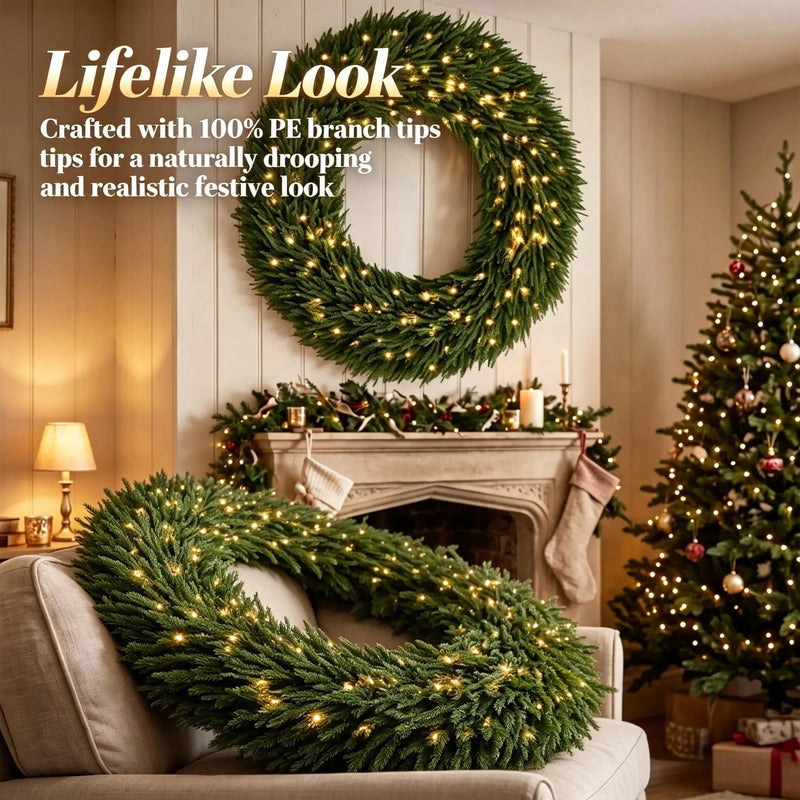 48 In Artificial Norfolk Pine Christmas Wreath, Pre-Lit by HouseOfZazla