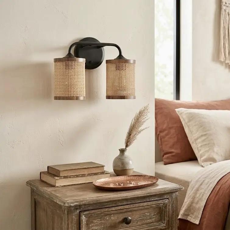 Quell - Double Light Vanity With Natural Shade Wall Lamp - Black / Rattan by Unique Piece Furniture