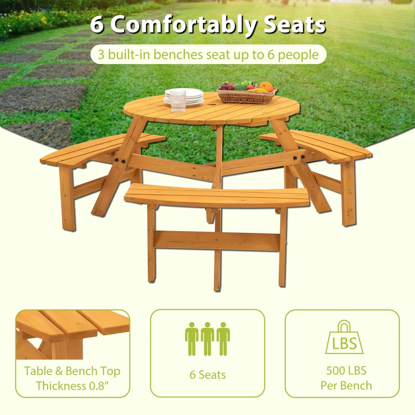 6 Person Circular Outdoor Wooden Picnic Table For Patio, Backyard, Garden, Diy With 3 Built-In Benches, 1720Lb Capacity by Unique Piece Furniture
