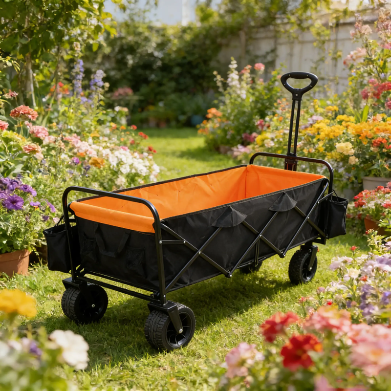 Big Large Capacity Folding Wagon Cart with Extender (Black + Orange) by HouseOfZazla