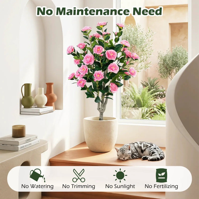 Artificial Camellia Tree 39.5" with Cement Pot by DirectDeals