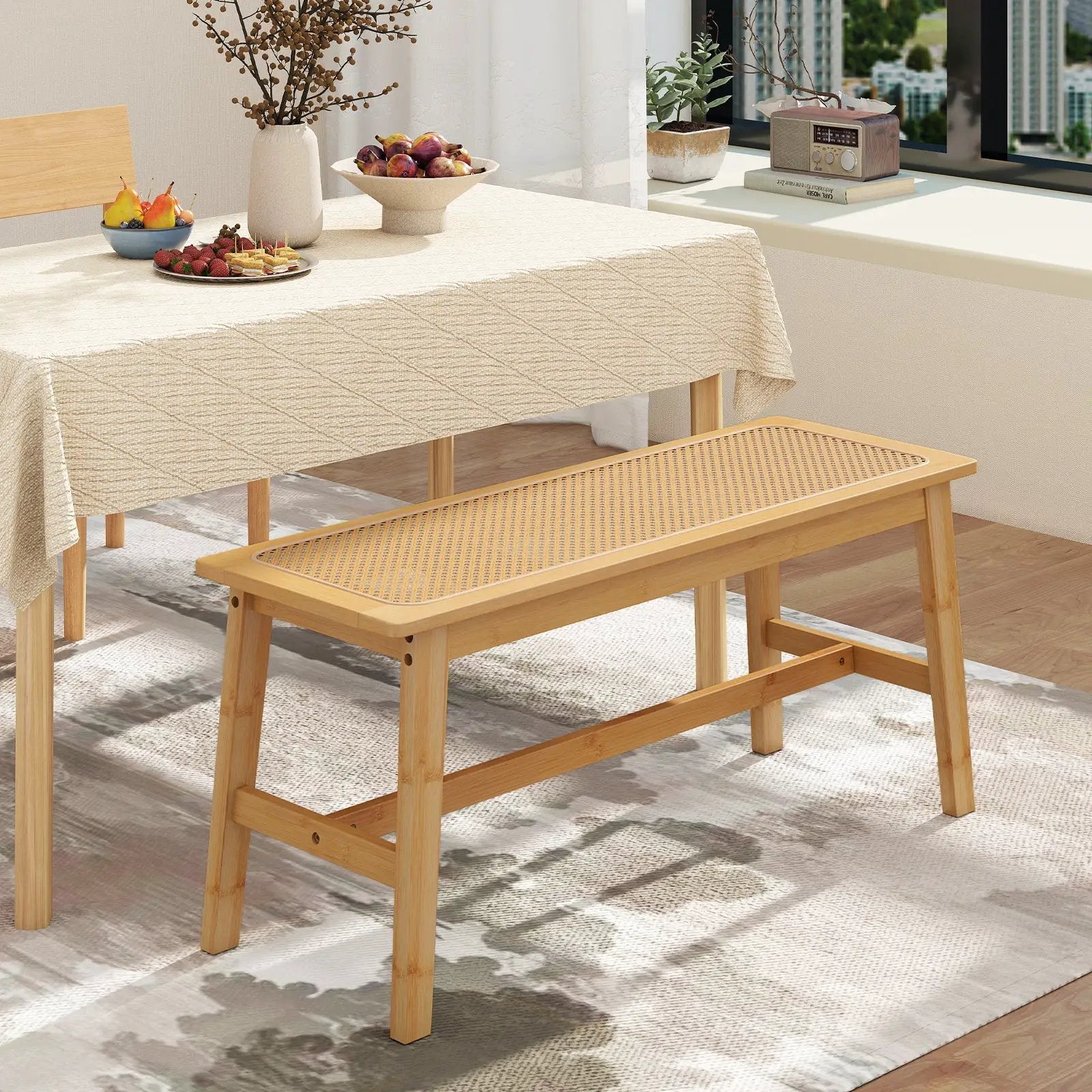 39.5 Inch Bamboo Dining Bench with Handwoven Rattan Seat for Indoor Outdoor-Natural by DirectDeals