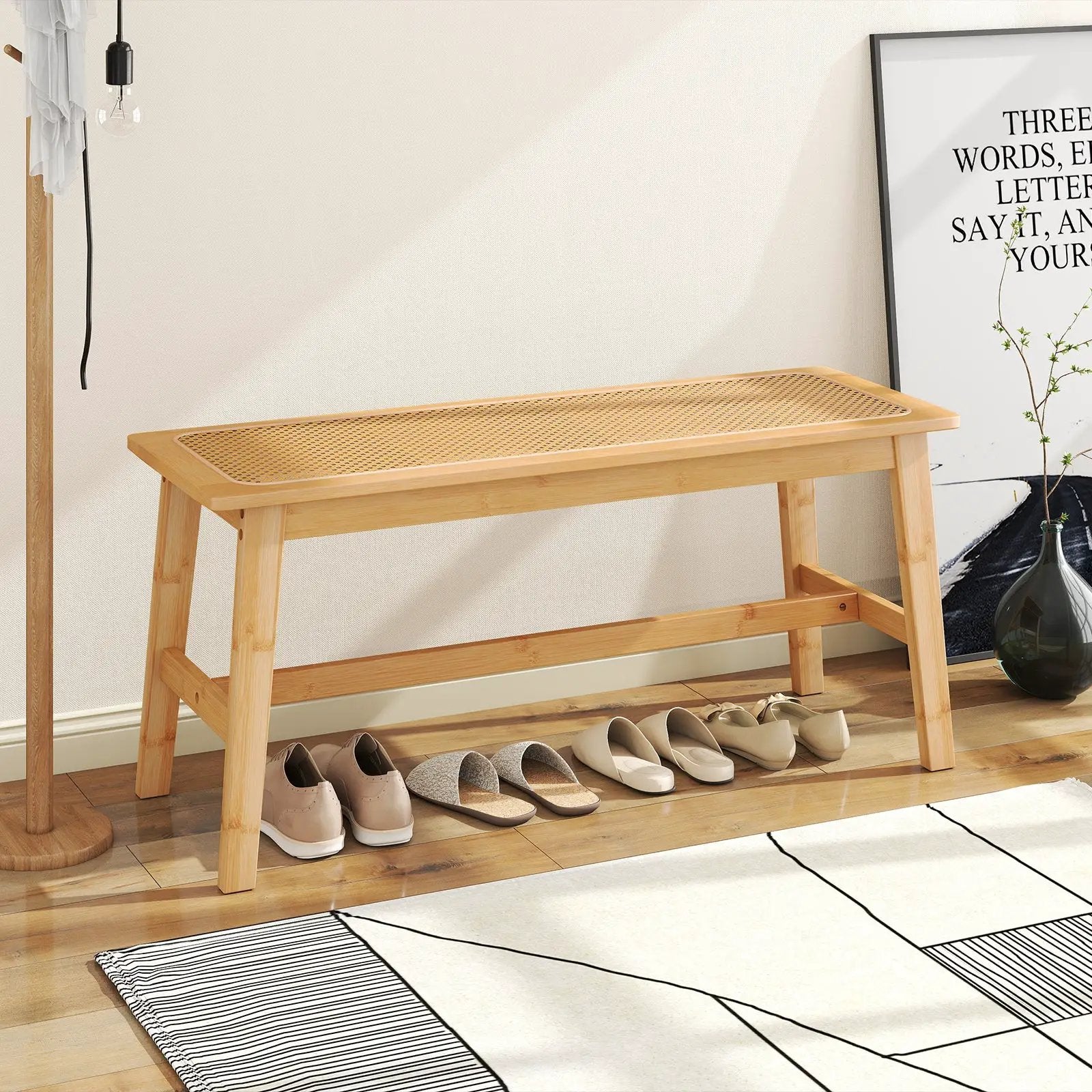 39.5 Inch Bamboo Dining Bench with Handwoven Rattan Seat for Indoor Outdoor-Natural by DirectDeals