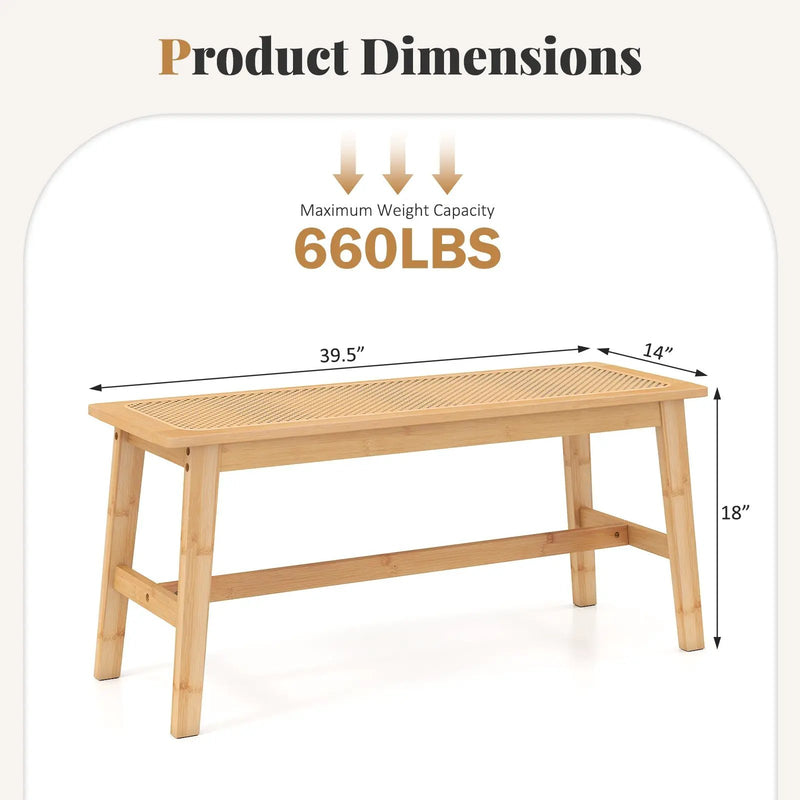 39.5 Inch Bamboo Dining Bench with Handwoven Rattan Seat for Indoor Outdoor-Natural by DirectDeals