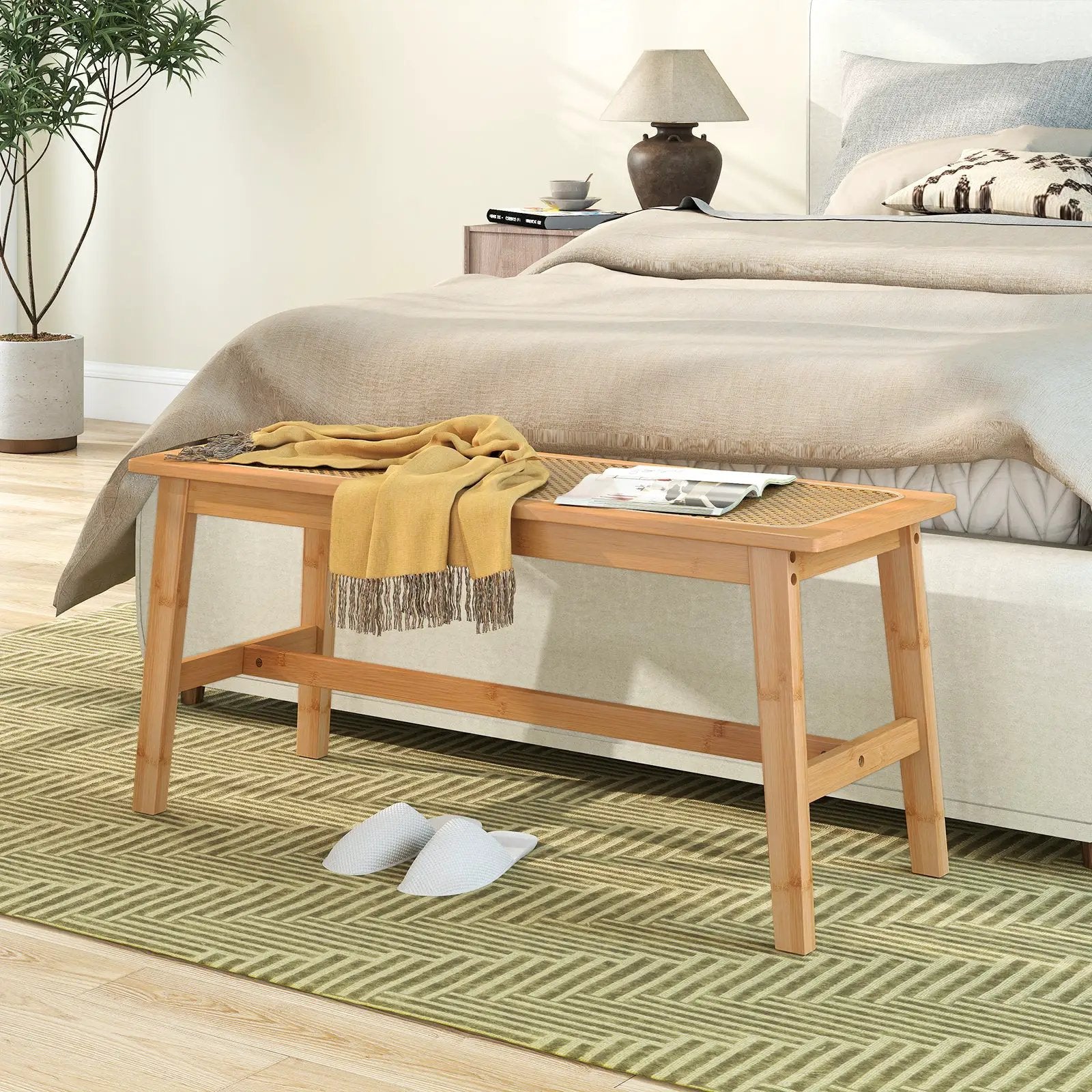 39.5 Inch Bamboo Dining Bench with Handwoven Rattan Seat for Indoor Outdoor-Natural by DirectDeals