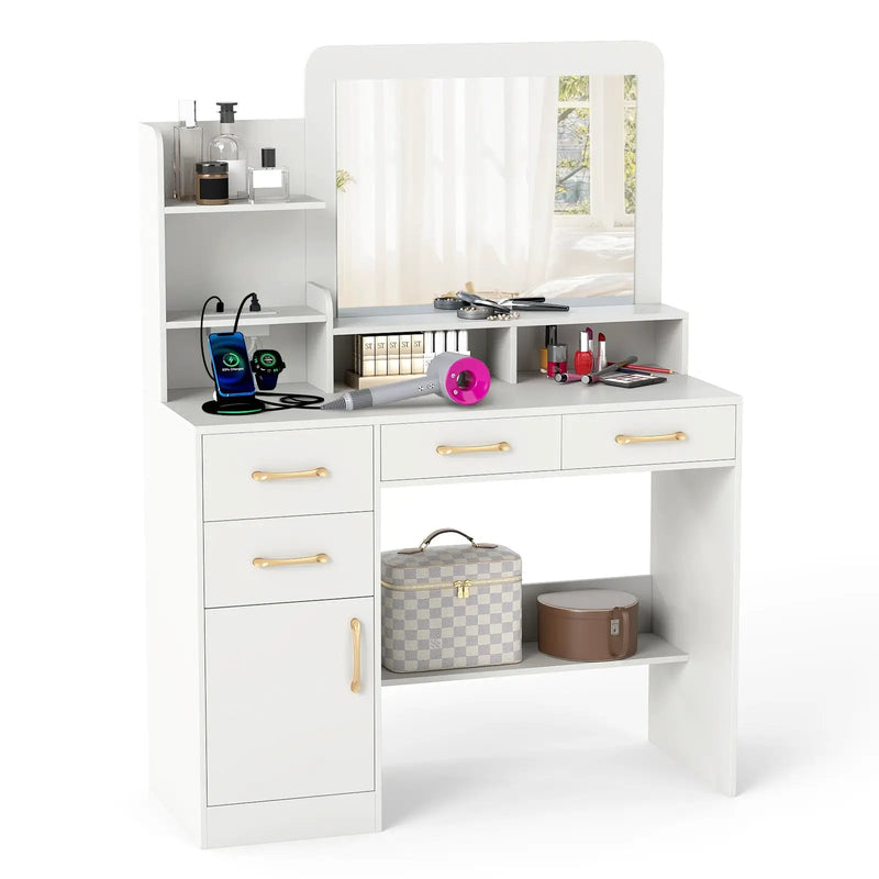 39.5 Inch Vanity Desk with Power Outlets and Mirror for Bedroom-White by DirectDeals