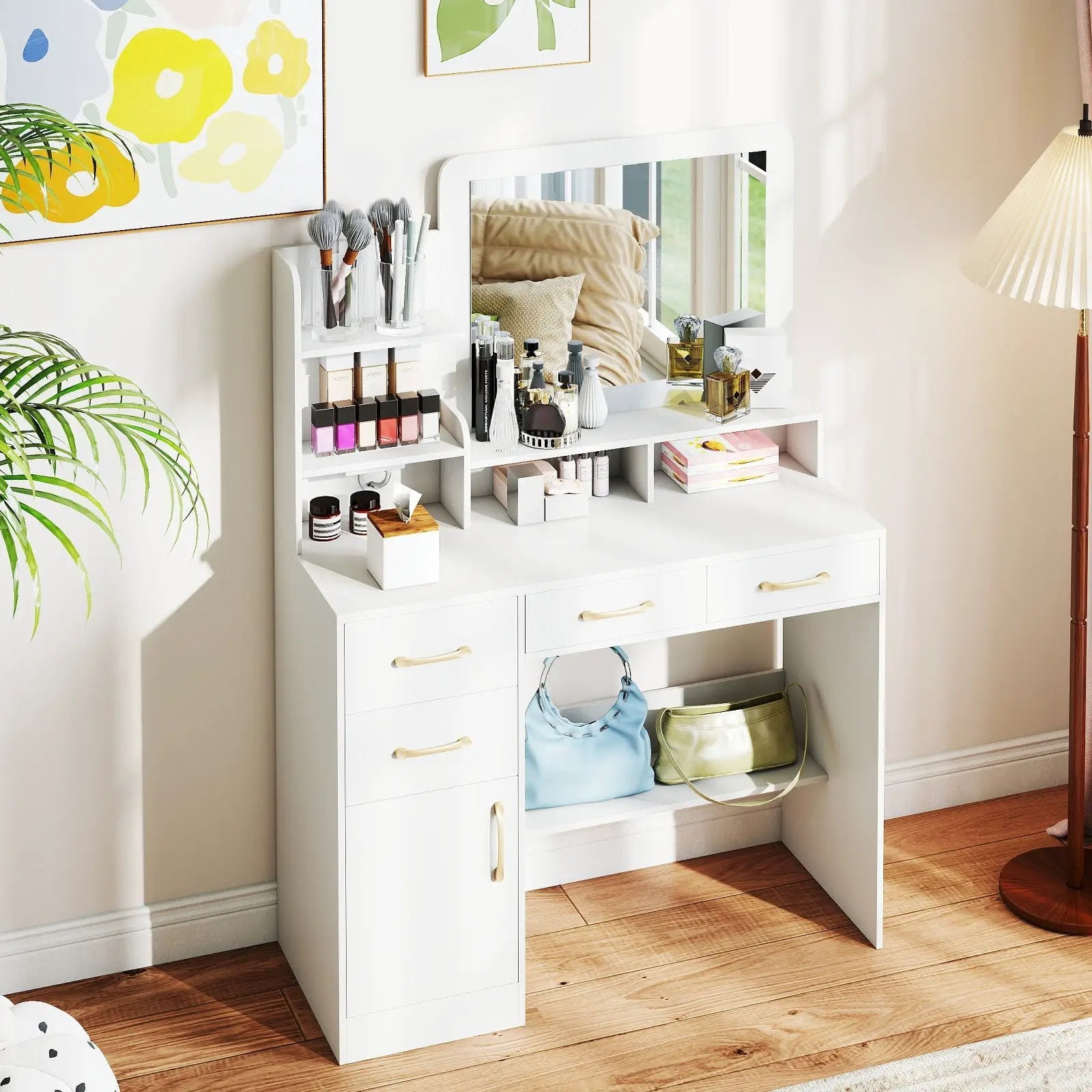 39.5 Inch Vanity Desk with Power Outlets and Mirror for Bedroom-White by DirectDeals