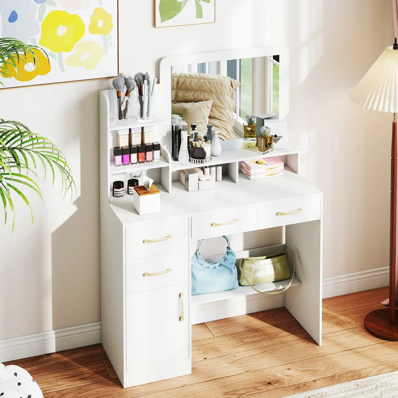 39.5 Inch Vanity Desk with Power Outlets and Mirror for Bedroom-White by DirectDeals