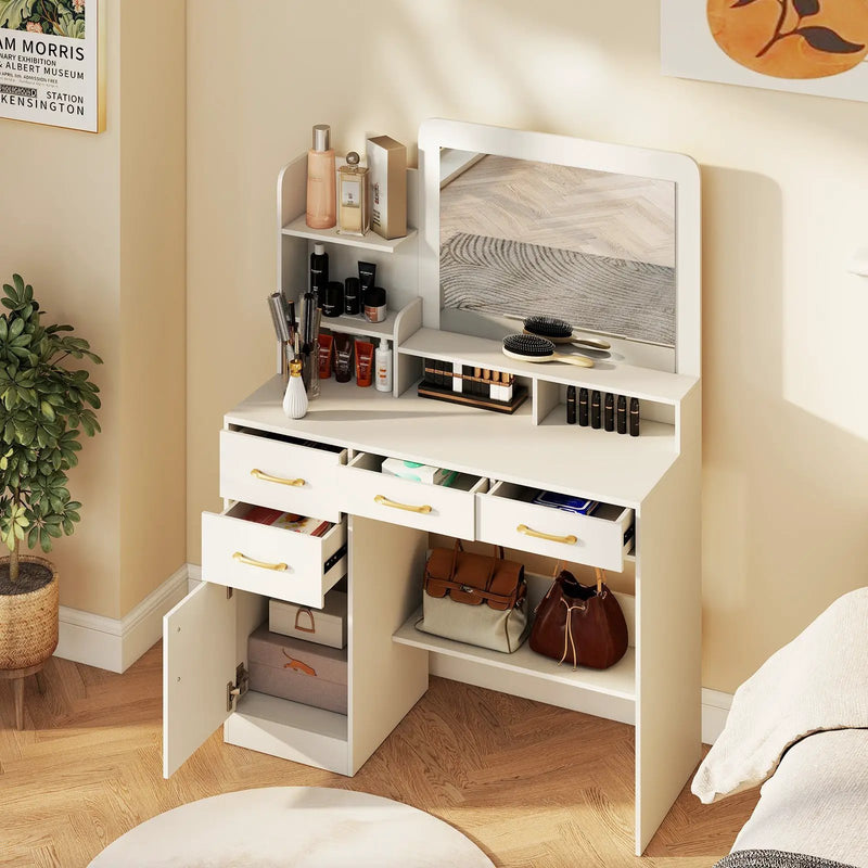 39.5 Inch Vanity Desk with Power Outlets and Mirror for Bedroom-White by DirectDeals