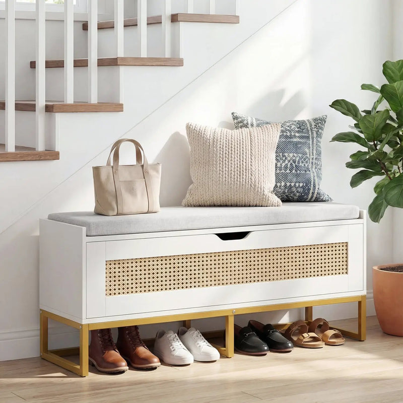 39.5" Rattan Storage Chest Wicker Shoe Bench with Padded Seat Flip-Top by DirectDeals