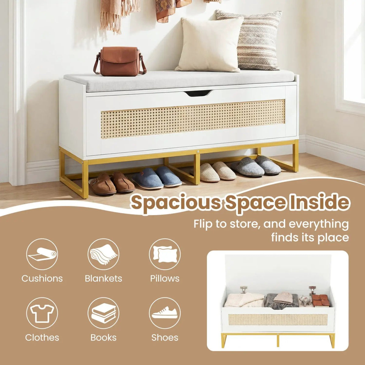 39.5" Rattan Storage Chest Wicker Shoe Bench with Padded Seat Flip-Top, photo 14 of 16