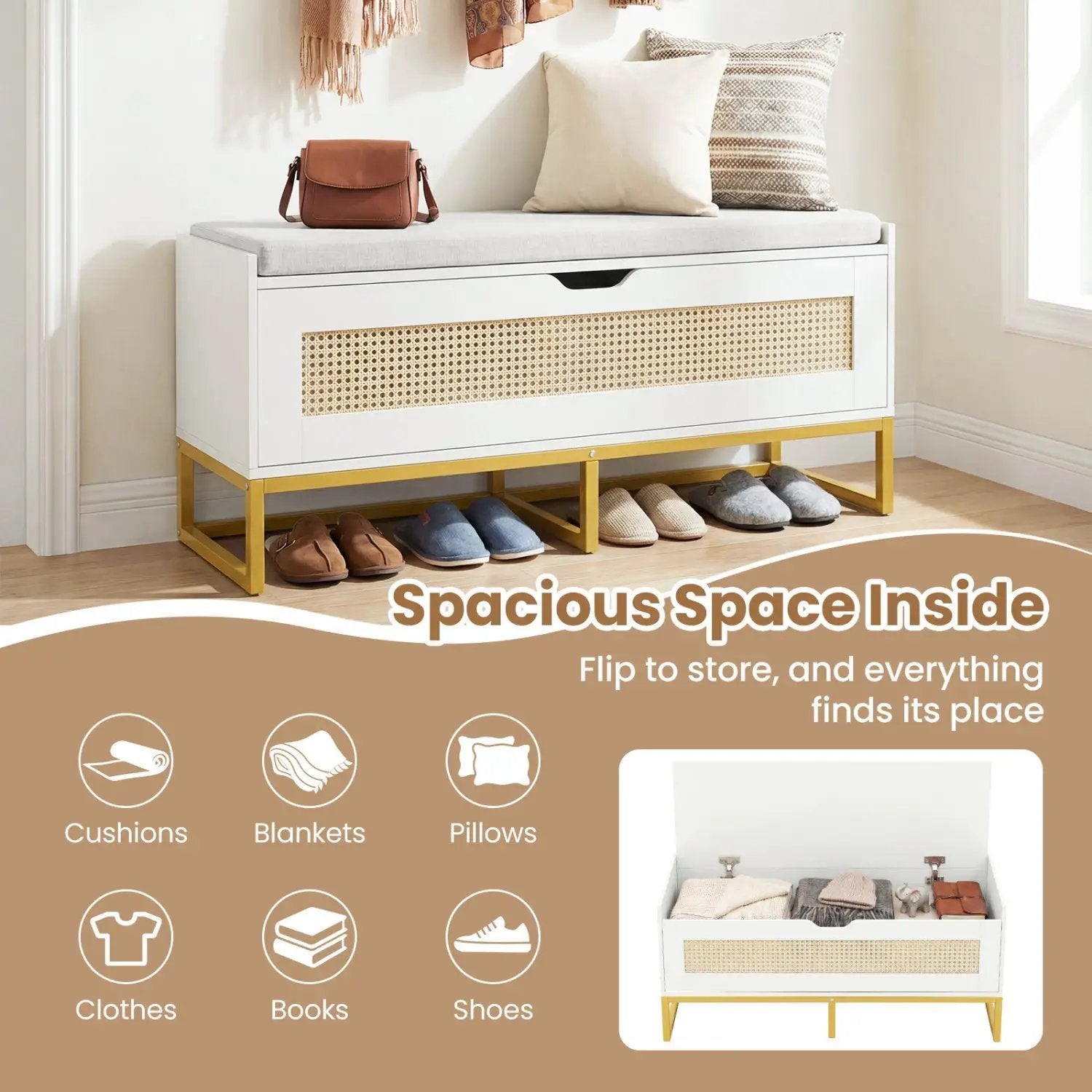 39.5" Rattan Storage Chest Wicker Shoe Bench with Padded Seat Flip-Top by DirectDeals