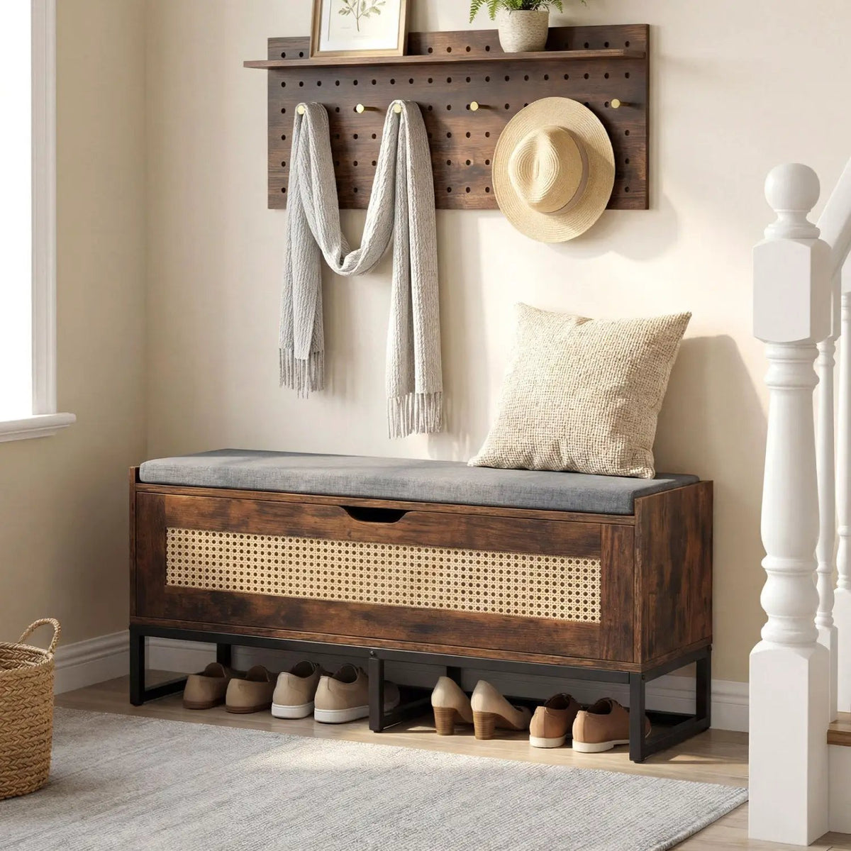 39.5" Rattan Storage Chest Wicker Shoe Bench with Padded Seat Flip-Top, photo 5 of 16