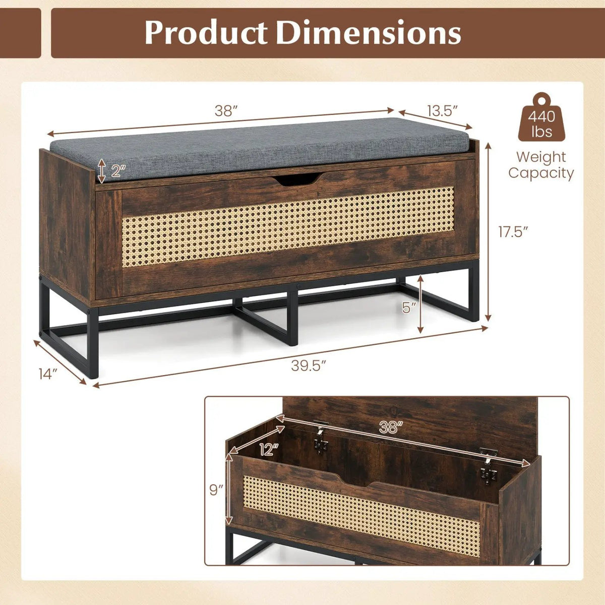 39.5" Rattan Storage Chest Wicker Shoe Bench with Padded Seat Flip-Top, photo 4 of 16